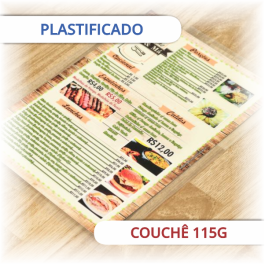 CARDÁPIO PLASTIFICADO Couchê 115g A3 - 29,7x42cm Colorido  CMYK Polaseal Corte reto 